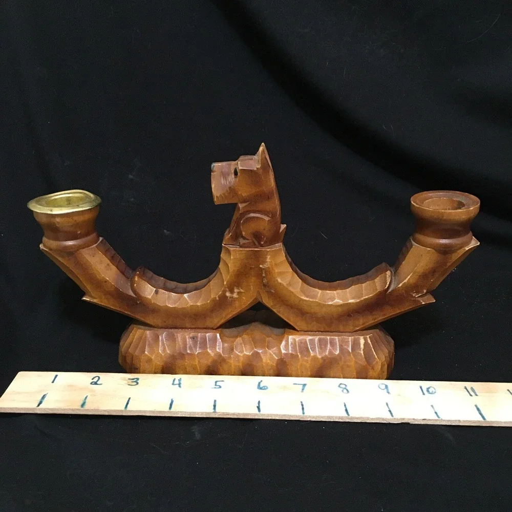 Vintage Scottish Terrier Scotty Dog Hand Carved Wooden Double Candle Holder